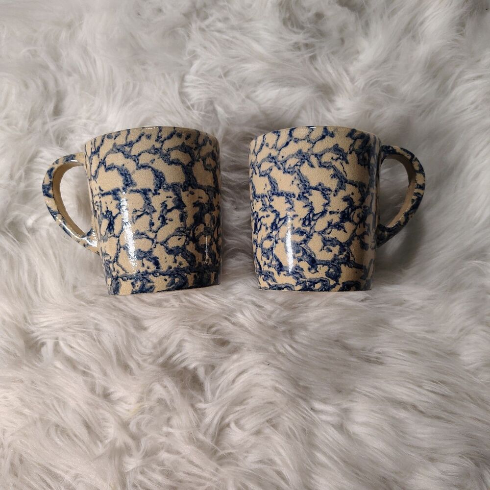 VTG RRP Co Roseville Ohio USA Blue Spongeware Pottery Coffee Mug Set Of 2